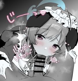 1boy absurdres aburi_tarako18 animal_ears apron bar_censor blue_archive blue_halo blush censored fellatio female fingernails halo heart highres japanese_clothes kimono long_hair long_sleeves looking_at_viewer maid maid_apron maid_headdress male oral penis red_eyes spot_color straight translation_request umika_(blue_archive) wa_maid wide_sleeves