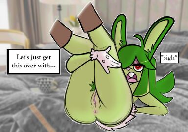 1girls anus bunny_ears bunny_girl english_text female female_focus glastonbury_(paleng) gloves green_hair green_skin original paleng pussy red_eyes text