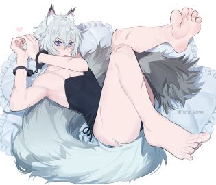 cat_ears cat_tail catboy feet feet_focus handcuffs leotard pillow purple_eyes tail white_hair