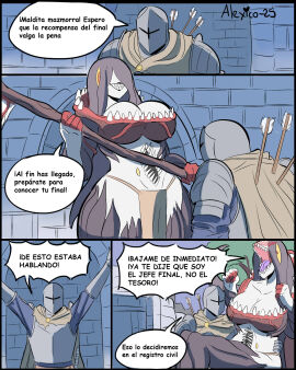 alexico_roadagain black_hair blush blush_lines blushing boob_window boobs breasts carrying cleavage comic eyes eyes_covered female funny hair_over_eyes hear_me_out humor joke joke_art knight medieval meme mimic mimic_chest mommy monster_girl nightmare_waifu red_eyes sharp_teeth spanish_text speech_bubble stomach_mouth tagme taller_female teeth teeth_visible toothy_grin weapon yellow_eyes