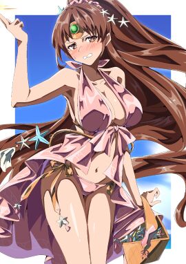 1girls absurdres alternate_costume angry bare_shoulders basket bikini blush breasts brown_eyes brown_hair cleavage collarbone embarrassed female female_only fire_emblem fire_emblem:_mystery_of_the_emblem fire_emblem:_shadow_dragon_and_the_blade_of_light fire_emblem_heroes highres holding holding_basket large_breasts linde_(fire_emblem) long_hair looking_at_viewer navel nintendo official_alternate_costume pink_bikini pink_swimsuit ponytail sideboob solo sweatdrop swimsuit to_(tototo_tk) very_long_hair