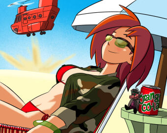 2023 advance_wars advance_wars:_dual_strike alternate_version_available bikini bikini_bottom bikini_top bracelet breasts camo camo_clothing camo_print can closed_eyes deck_chair deck_chair_position desert female ginger ginger_hair green-tinted_eyewear green_bracelet highlights inner_sideboob jacket jacket_open keyring realheroescomic red_bikini red_bikini_bottom red_bikini_top sami_(advance_wars) short_hair soft_drink sturm_(advance_wars) sunbathing sunglasses sunglasses_on_face table tinted_eyewear transport umbrella white_umbrella