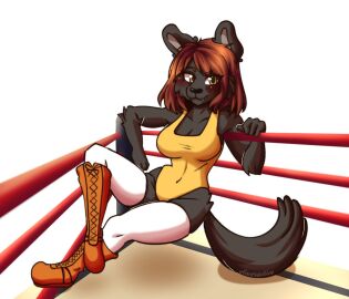 black_fur black_panther brown_hair commission female female_focus female_only furry furry_female furry_only fursona milanesa_passion orange_boots original original_art original_artwork panther panther_girl pantherine pantherine_humanoid wonder_jezy_(wonderjezy) wrestler wrestling wrestling_boots wrestling_outfit wrestling_ring wrestling_singlet yellow_clothes yellow_clothing