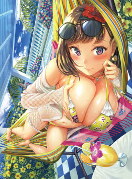 1girls bare_belly bare_calves bare_chest bare_hands bare_knees bare_legs bare_midriff bare_navel bare_shoulders bare_soles bare_thighs barefoot belly belly_button bikini bikini_bottom bikini_top blue_sky blush blushing_at_viewer blushing_female breasts brown-haired_female brown_eyebrows brown_hair cleavage clouds collarbone day daytime dot_nose drink dripping_wet earrings elbows eyebrows_visible_through_hair eyewear_on_head feet female female_focus female_only fingernails fingers flower_hair_ornament full_body groin hair_ornament half_naked hammock head_tilt high_resolution highres kichiroku knees large_breasts legs light-skinned_female light_skin lips looking_at_viewer nail nail_polish naked naked_female navel necklace nude nude_female off_shoulder original original_art original_artwork original_character outdoors outside purple-eyed_female purple_eyes purple_fingernails purple_nail purple_nail_polish short_hair shoulders sky slender_body slender_waist slim_female slim_waist smile smiling_at_viewer soles solo string_bikini sunglasses swimsuit swimwear thick_thighs thighs thin_waist tilted_head toes topwear v-line wet wet_belly wet_bikini wet_body wet_breasts wet_face wet_hair wet_legs wet_skin wet_thighs white_topwear yellow_bikini yellow_bikini_bottom yellow_bikini_top yellow_string_bikini yellow_swimsuit yellow_swimwear