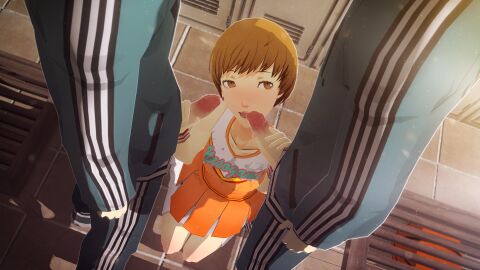 1girls 2boys atlus big_penis brown_eyes brown_hair cheerleader cheerleader_uniform cum cum_on_clothes double_handjob female handjob kneeling locker_room male penis persona persona_4 satonaka_chie shin_megami_tensei sportswear tomboy uriziel38