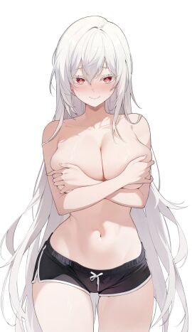 big_breasts blush breasts chukibabo2 covering_breasts dolphin_shorts embarrassed female fit fit_female holding_breast huge_breasts large_breasts red_eyes slim_waist tagme thick thick_thighs topless topless_female white_hair