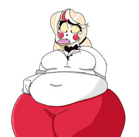 charlie_morningstar_(hazbin_hotel) fat fat_belly fat_female female hazbin_hotel obese obese_female overweight poking_belly tagme tagme_(artist) wardrobe_malfunction weight_gain weight_gain_female worried