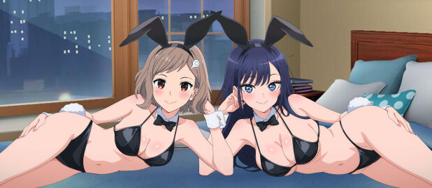 2girls black_bikini black_hair breasts brown_hair bunny_girl cleavage female kitagawa_marin large_breasts long_hair looking_at_viewer medium_breasts short_hair sono_bisque_doll_wa_koi_wo_suru string_bikini