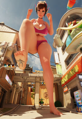 1boy 1girls 3d 3d_(artwork) accident anonymous_male asian asian_female barefoot big_breasts breasts brown-haired_female brown_hair brunette_hair crush d.va dbhfrost feet female female_focus giantess hana_song korean korean_female large_boobs large_breasts light-skinned_female light_skin male overwatch overwatch_2 scrag_d.va shocked shocked_expression suprised suprised_expression suprised_look