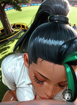 1boy 1girls ai_generated ai_video alberist amber_eyes black_hair cum_in_mouth fellatio from_above girthy_penis grass green_hair nemona_(pokemon) oral orange_eyes pov red_necktie saliva shiny_skin straight streaked_hair sweaty tagme tan_skin thick_lips tight_shirt video white_shirt