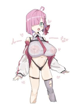 1girls ahoge bangs bangs_over_one_eye black_earrings black_garter_belt black_panties black_thong bob_cut bow bow_in_hair braid braided_hair breasts collar collared_shirt earrings female french_braid garter_belt green_eyes grey_thighhighs hair hair_bow hair_over_one_eye hairbow heart hearts himemori_luna holoforce hololive hololive_japan jacket japanese_text large_breasts leebongchun long_sleeves looking_at_viewer nipple_piercing nipples nipples_visible_through_clothing off_shoulder open_jacket open_mouth panties piercing pink_hair red_bow red_hair_bow red_tie short_hair skin_tight skindentation sleeves sleeves_past_wrists solo striped striped_clothing striped_jacket text thighhighs thong thong_panties tie tight_clothes tight_clothing torn_clothes torn_legwear torn_thighhighs virtual_youtuber white_background white_shirt white_topwear