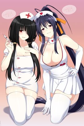 2girls akeno_himejima ara_ara crossover date_a_live female gloves high_school_dxd lindaroze nurse nurse_cap nurse_uniform syringe tagme tokisaki_kurumi