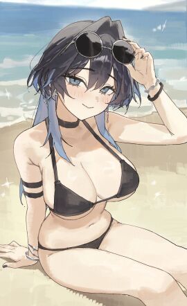 1girls absurdres arch_05x bare_shoulders beach bikini black_hair blue_hair bracelet breasts cleavage eyewear_on_head female glasses hair_intakes highres hololive hololive_english hololive_english_-council- hololive_english_-promise- jewelry large_breasts light_smile long_hair looking_at_viewer multicolored_hair ouro_kronii round_glasses stomach sunglasses swimsuit virtual_youtuber
