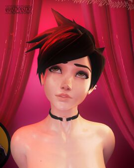 1girls 3d 3d_(artwork) athletic athletic_female blender blizzard_entertainment breasts british british_female brown_hair choker close-up completely_nude eyes_rolling_back face_closeup female female_focus female_only freckles freckles_on_face helix_piercing hourglass_figure isqoisqo lena_oxton light-skinned_female light_skin nude nude_female overwatch overwatch_2 pose posing solo solo_focus standing thick_thighs tracer watermark