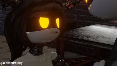 3d 3d_(artwork) alice_(murder_drones) brown_hair fan_character female glitch_productions male male/female murder_drones orange_eyes penis robot robot_girl sucking_penis