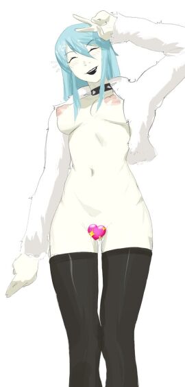 1girls areolae black_lipstick blue_hair blush breasts censored censored_pussy female functionally_nude lipstick megami_tensei navel nemissa_(megami_tensei) nipples peace_sign pussy soul_hackers thighhighs usurper2001 v v_sign white_hair