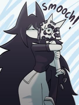 age_difference arms_around_neck big_lips black_hair black_lips black_lipstick black_pants black_shirt breasts digital_drawing_(artwork) digital_media_(artwork) female fundamental_paper_education height_difference hourglass_figure hourglass_figured_female kiss_mark kissing lips lipstick_fetish medium_breasts miss_circle_(fundamental_paper_education) mister_demi_(fundamental_paper_education) mk210 mwah narrowed_eyes saliva saliva_drip shocked shocked_expression short_hair smooch student student_and_teacher teacher teacher_and_student white_hair white_pants white_shirt