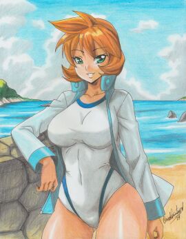 1girls aged_up beach blue_sky breasts cloud competition_swimsuit covered_navel creatures_(company) day female game_freak gen_1_pokemon green_eyes grin gym_leader highres huge_breasts jacket kasumi_(pokemon) large_breasts long_sleeves looking_at_viewer misty_(pokemon) misty_(pokemon_hgss) navel nintendo ocean one-piece_swimsuit open_clothes open_jacket orange_hair outdoors pokemon pokemon_gsc pokemon_hgss pokemon_rgby ravernclouk_design rock short_hair sky smile solo sportswear swimsuit thick_thighs thighs track_jacket water white_one-piece_swimsuit