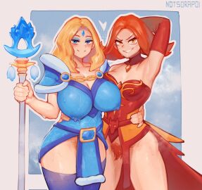 2girls absurdres armpits artist_name blonde_hair blue_dress blue_eyes blue_thighhighs blush breasts covered_nipples cowboy_shot crystal_maiden dota_(series) dota_2 dress elbow_gloves female female_pubic_hair forehead_jewel full_bush gloves grey_background grin heart highres holding holding_staff huge_breasts large_breasts lina long_hair medium_hair multiple_females multiple_girls notsorapoi orange_eyes parted_bangs pubic_hair red_dress red_gloves red_hair shiny_skin sisters smile staff sweat teeth thighhighs