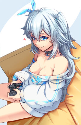 1girls blue_eyes blue_hair blush bottomless breasts breasts_out choker closed_mouth couch feet_out_of_frame female female_only girls'_frontline hair_ribbon heart-shaped_pupils long_hair looking_at_viewer nipple_slip nipples pa-15_(girls'_frontline) pajamas senpaihawkkun shirt_down sitting small_breasts smile video_game_controller