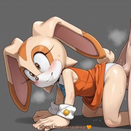 ai_generated all_fours cream_the_rabbit dialogue doggy_style furry furry_ears furry_female furry_tail mobian mobian_(species) mobian_rabbit rabbit rabbit_ears rabbit_girl rabbit_tail sex sonic_(series) sonic_the_hedgehog_(series)