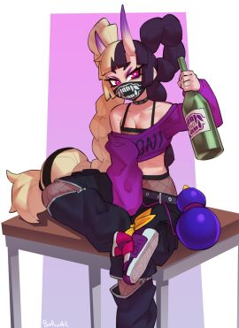 1girls 2024 ayaka_(athighhighguy) bangs black_hair blonde_hair borvar bottle braided_hair breasts choker cleavage female female_focus female_only fishnet_pantyhose hi_res holding_bottle horns long_hair looking_at_viewer mouth_mask oni oni_horns original original_character pants pantyhose pink_eyes sitting sitting_on_table solo tied_hair two-tone_hair