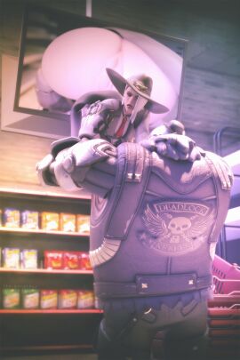 1boy 1girls 3d angry angry_expression angry_face annoyed annoyed_expression anus ashe_(overwatch) ass blizzard_entertainment bob_(overwatch) camera camera_view clothed clothed_female clothed_male clothing cowboy_hat female female_focus hat its-gergless large_ass larger_male male overwatch pussy robot robot_boy robot_humanoid security security_camera