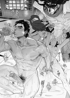 2boys anal anal_sex bara cum cum_in_ass cum_overflow ejaculation erection facial_hair gay greyscale jojo's_bizarre_adventure large_penis male mohammed_avdol monochrome muscular muscular_male naked nipples nude pubic_hair size_difference stand_(jojo) stand_fucking_human star_platinum stardust_crusaders surprised_expression sweat thick_thighs topless topless_male veiny_penis water_bottle yaoi