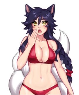 1girls ahri animal_ears bikini black_hair blushypixy braid braided_hair breasts cleavage collarbone facial_markings feet_out_of_frame female female_only female_torso fox_ears fox_girl fox_tail kumiho league_of_legends long_hair medium_breasts multi_tail navel red_bikini riot_games shocked shocked_expression simple_background solo standing surprised surprised_expression swimsuit tail tails thick_eyebrows two-piece_swimsuit whisker_markings white_background white_fur yellow_eyes