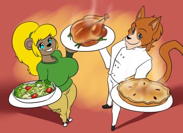 baker baxter_gagliardi bear blonde_hair breasts busty chef cook cute dessert dinner feline female flirt food hunk italian joy_ursinare jpeg kaboozle lettuce long_hair long_tail luhyzi muscular offering_food offering_to_viewer orange_fur pie ponytail salad turkey_(food) turkey_meat ursine