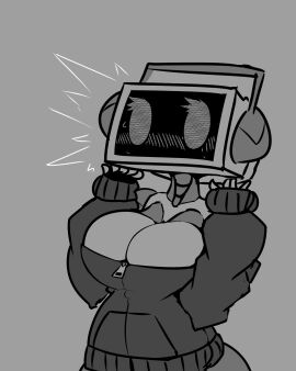 2d breasts cleavage female humanoid large_breasts limebot limebreaker monochrome original_character robot robot_girl robot_humanoid screen_face sweater