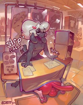 anthro anthro_on_anthro anthro_penetrated anthro_penetrating anthro_penetrating_anthro anus ass backsack balls ballsack black_body black_fur bovid caprine convention duo edjit eyewear feet felid feline fellatio femboy fur gay genitals glasses hair hi_res horn looking_pleasured male male/male mammal nude oral pawpads penetration penile penis public public_sex round_glasses sex sheep sound_effects tongue tongue_out twink under_the_table white_hair