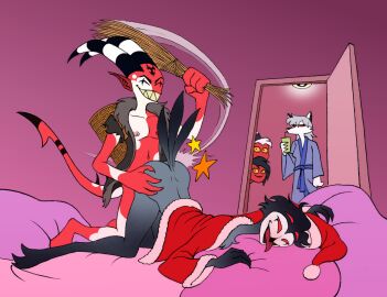 4_eyes anal anal_sex anthro ass avian barbanova bed being_watched bird blitzo_(helluva_boss) blush butt_slap canid canid_demon canine canis christmas christmas_clothing christmas_headwear claws clothing costume demon door drinking drinking_straw fangs feathers female furniture gay grabbing_sheets grey_body hat headgear headwear hellhound helluva_boss holidays imp krampus_costume lamp looking_at_another loona_(helluva_boss) male male/male male_penetrated male_penetrating male_penetrating_male mammal markings millie_(helluva_boss) moxxie_(helluva_boss) multi_eye mythological_canine mythological_creature mythology open_door owl owl_demon pain_stars peeking_around_corner penetration pillow red_body red_skin santa_costume santa_hat sex slap smile spanking stolas_(helluva_boss) tail tail_feathers taller_partner teeth tongue tongue_out walk-in white_body white_skin wolf yaoi