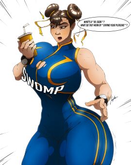 1girls asian asian_female ass big_ass big_breasts big_thighs breast_expansion breast_growth breast_growth_(enlargement) breasts brown_hair capcom chinese chinese_female chun-li chun-li_(street_fighter_alpha) cup dialogue east_asian east_asian_female expansion female hairbun holding_cup holding_object holding_soda juicyflater light-skinned_female light_skin ripped_clothing soda street_fighter street_fighter_alpha tagme thick_thighs thin_waist