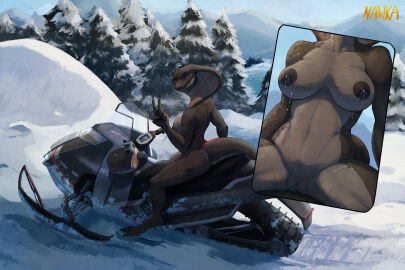 1girls anthro areolae belly_scales black_body black_scales breasts casual_nudity cobra detailed_background female genitals gesture grey_body grey_scales hand_gesture lactating lactation looking_at_viewer milk nawka nipples non-mammal_breasts non-mammal_nipples nude nude_female outdoors outside plant public public_nudity purple_eyes pussy reptile scales scalie sitting smile snake snake_hood snow snowmobile solo tail tayla tree v_sign winter