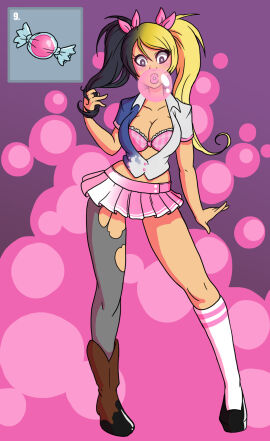 big_breasts bimbo bimbo_body bimbo_lips bimbofication black_hair blonde_hair blowing_bubblegum breasts bubble_gum female female_only hypnotic_food purple_hair ripped_clothing school_uniform schoolgirl transformation twintails wrenzephyr2