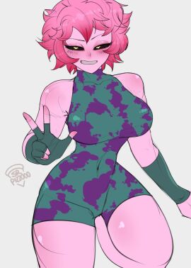 big_breasts big_thighs big_titties breasts clothing curvaceous curvaceous_female curvaceous_figure curvy curvy_figure curvy_hips female female_focus female_only fully_clothed looking_at_viewer mina_ashido my_hero_academia pink_body pink_hair pink_skin rubber srpizzooo sweat yellow_eyes
