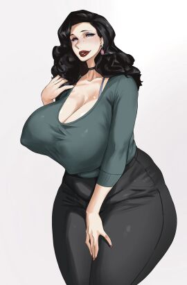 1girls absurd_res alternate_version_available blue_eyes breasts cleavage clothed clothing earrings female female_only hi_res huge_breasts long_hair lulu95402099 mature mature_female milf nipple_bulge original solo solo_female thick_thighs wide_hips