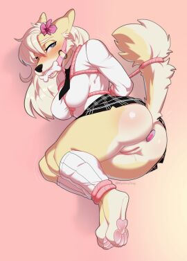 accessory allie_von_schwarzenbek anal anal_plug anal_sex anthro blonde_hair blue_eyes bondage bone_gag bottomwear bound breasts buttplug buttplug_in_ass buttplug_insertion canid canine canis clothed clothing domestic_dog feet female flower flower_in_hair fluffy fluffy_tail fur gag gagged gem glistening glistening_body hair hair_accessory hi_res hybrid jewel_buttplug leg_warmers legwear lying mammal mystery.dog necktie no_underwear object_in_ass on_side partially_clothed pawpads paws penetration plant plug_(sex_toy) plug_insertion restraints rope rope_bondage rope_harness sex_toy sex_toy_in_ass sex_toy_insertion shirt skirt solo tail tail_tied topwear wolf wolfdog yellow_body yellow_fur