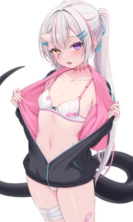 aqua_ribbon bandaged_leg bandages bandaid black_jacket blush bra breasts cameltoe collarbone compact_body cropped_legs female hair_ornament hair_ribbon hairclip heartsix heterochromia highres horns jacket long_hair looking_at_viewer multicolored_hair navel oerba_yun_fang open_clothes open_jacket open_mouth original panties partially_unzipped pink_hair ponytail purple_eyes pussy ribbon simple_background single_horn small_breasts streaked_hair sweatdrop tail underwear white_background white_hair x_hair_ornament yellow_eyes zipper