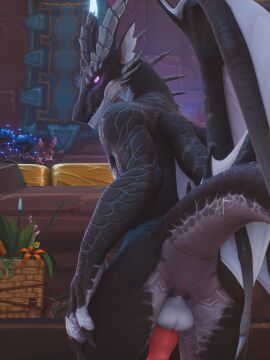3d anal anthro anus ass backsack balls ballsack black_body black_scales blizzard_entertainment claws digital_media_(artwork) dracthyr dragon european_mythology genitals hi_res horn looking_at_viewer male membrane_(anatomy) membranous_wings multicolored_body mythological_creature mythological_scalie mythology nude penis pink_eyes plant ridelag_(toxik_enzis) scales scalie solo tail toxik_enzis warcraft western_dragon white_body white_scales wings world_of_warcraft