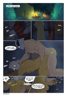 2boys abs anal anal_sex bodily_fluids brizzytt comic comic_page comic_panel doggy_style dota dota_2 erect_penis erection face_down_ass_up hand_on_chest hand_on_penis handjob handjob_while_penetrating helmet horns human humanoid juggernaut_(yurnero) male male/male male_only mask masked_male muscular muscular_male naked naked_male nipples page_2 penetration penis precum sex speech_bubble sven_the_rogue_knight white_eyes yaoi