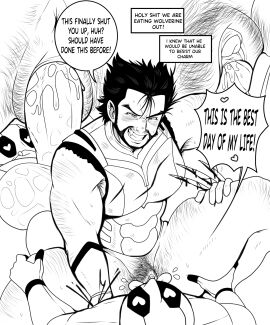 1cuntboy 2boys anus beard blush boner claw_(weapon) clitoris cum cunnilingus cuntboy cuntboy/male deadpool deadpool_&_wolverine_(2024) dialogue english_text erection gay grin hairy hairy_pussy heart-shaped_pupils intersex licking_lips licking_pussy logan_(x-men) looking_at_another male male_only marvel marvel_comics mask monochrome muscular muscular_male niucniuc niusesabe oral pectorals penis pussy scar sex short_hair speech_bubble spread_legs superhero_costume teeth thick_thighs tongue tongue_out vaginal_penetration wade_wilson wolverine_(x-men) x-men yaoi