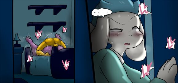 1boy 2girls anthro ass balls bed blush bodily_fluids bovid caprine deltarune duo enigi09 feet female female_on_bottom female_penetrated from_front_position furniture genitals goat hair heart hi_res human human_on_humanoid human_penetrating human_penetrating_humanoid humanoid humanoid_penetrated interspecies jealous kris_(deltarune) leg_wrap male male/female male_on_humanoid male_on_top male_penetrating male_penetrating_female mammal mating_press naked nude on_bed on_bottom on_top penetration pillow pink_body pussy scalie sex susie_(deltarune) thick_thighs toes toriel undertale video_games voyeur watching_rape