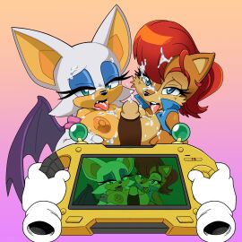 1boy 2girls after_paizuri after_sex anthro archie_comics areolae bat bat_ears big_breasts breast_grab breasts breasts_out brown_hair climax cum cum_in_mouth cum_on_hair ejaculation erect_nipples erection eyelashes facial female ffm_threesome furrowed_brow grabbing_own_breast holding_object large_ears leatherruffian long_ears looking_at_viewer male male_pov mascara nipples penis rouge_the_bat sally_acorn sega semen semen_in_mouth semen_on_hair sonic_(series) sonic_the_hedgehog_(series) squirrel squirrel_ears taking_picture threesome tongue tongue_out