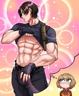 ashley_graham big_guy blue_eyes comic comic_page dark_hair emo_hair funny gloves green_eyes halfgalaxy horny horny_female imagination imagining leon_scott_kennedy muscular muscular_male resident_evil resident_evil_4 resident_evil_4_remake seductive seductive_look sexy_pose strong_male white_skin yellow_hair