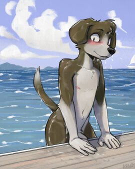 anthro beagle boat canid canine canis domestic_dog hi_res hunting_dog looking_at_viewer male mammal mangohyena nude percy_(mangohyena) scent_hound sea skinny_dipping solo vehicle water watercraft wet