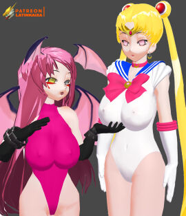 2girls 3d artist_logo artist_name bishoujo_senshi_sailor_moon blonde_hair breasts cg demon demon_girl female female_only head_wings hypnosis large_breasts latinkaixa leotard mind_control pink_hair pink_leotard sailor_moon usagi_tsukino white_leotard wings