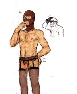 after_sex balaclava bite_mark bite_mark_on_chest bite_mark_on_shoulder bite_marks chest_hair cigarette crossdressing crossdressing_male cum cum_on_thighs dditj engineer_(team_fortress_2) flaccid flaccid_after_cumming flaccid_penis garter_straps gay human_only lingerie male male/male male_only mask penis smoking spy_(team_fortress_2) team_fortress_2 thighhighs yaoi