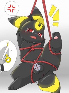 angry anus black_body black_fur bodily_fluids bondage bound chastity_cage chastity_device eeveelution feral flat_chastity_cage forced_chastity fur generation_2_pokemon genital_fluids genitals glowing harness hi_res huacao10086 key lock male male_only nintendo open_mouth pawpads paws permanent permanent_chastity_device pokemon pokemon_(species) pokemon_only raised_leg red_eyes restraints rope rope_bondage scissors simple_background solo spread_legs spreading tears tears_of_desperation testis umbreon